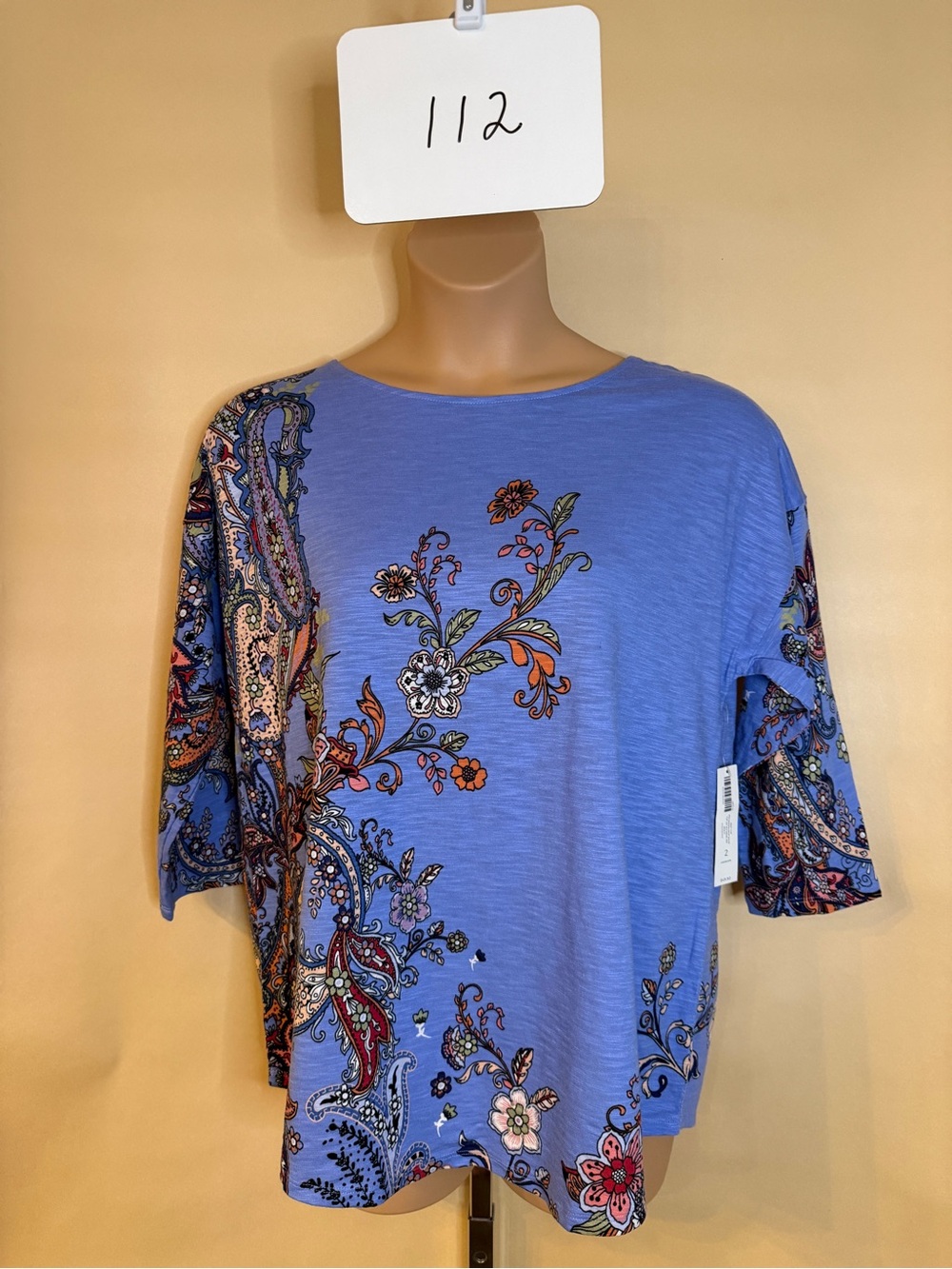 Chico’s Women's Blue Floral Paisley 3/4 Sleeve Top